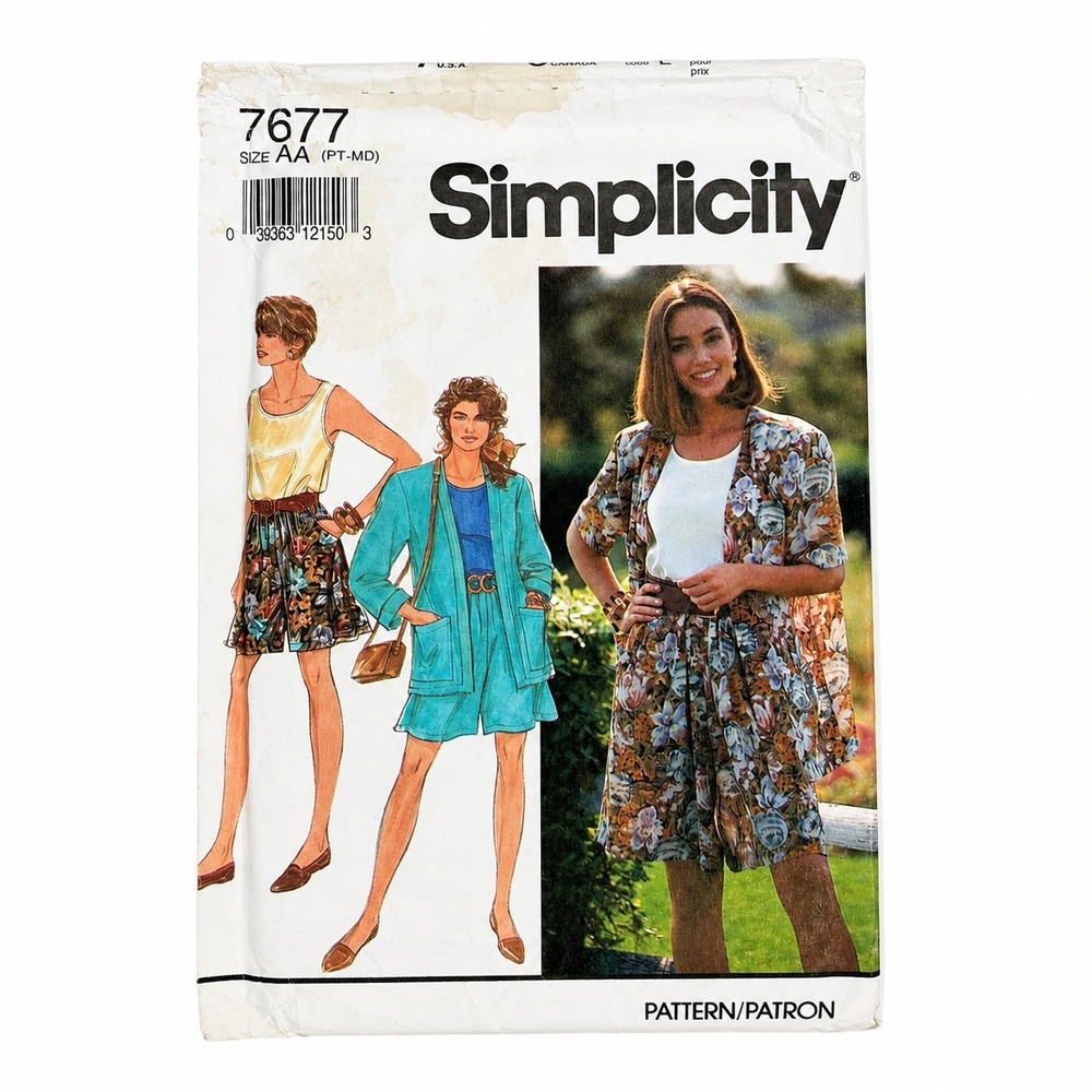 Simplicity 7677โ Vintage 90s Sewing Pattern Jacket Shorts Tank Top Set Uncut AA